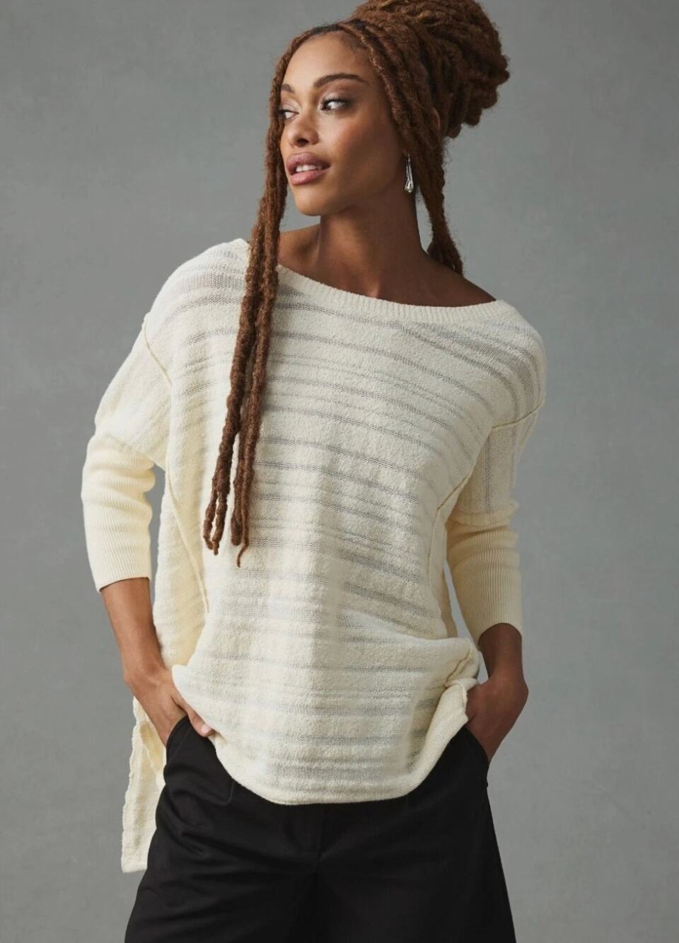 Anthropologie Pilcro Oversized Tunic Sweater Ivory M Boat Neck High Low Knit